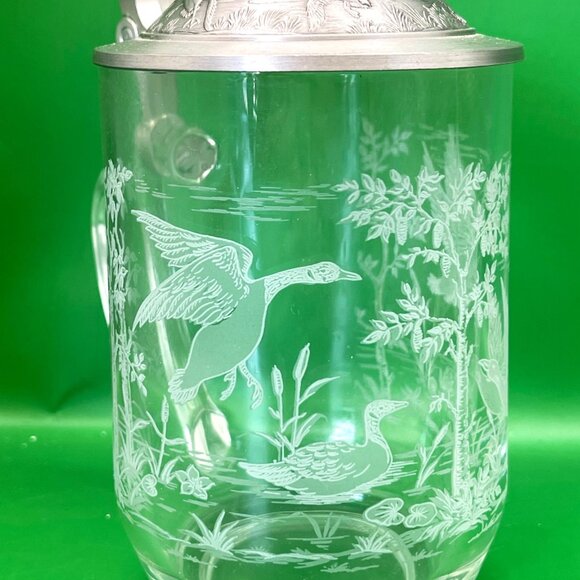 Vintage Etched Glass Beer Stein Tankard Lid Duck Goose Pond Scene Germany France - Picture 2 of 14